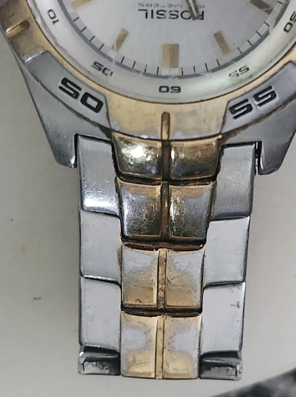 Vtg Fossil Blue Two-Tone Silver and Gold Quartz Watch with White Dial
